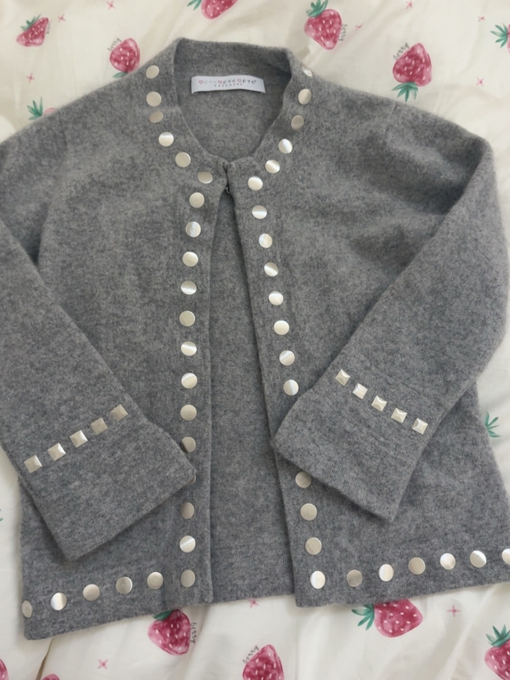 FTC 100% Cashmere Gray Studded Cardigan Jacket Silver Hardware